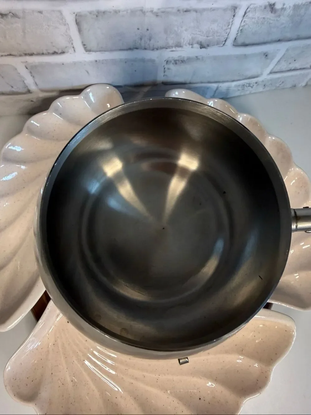Mid Century Modern Stainless Steel Fondue Set with Lane Ceramic Dishes